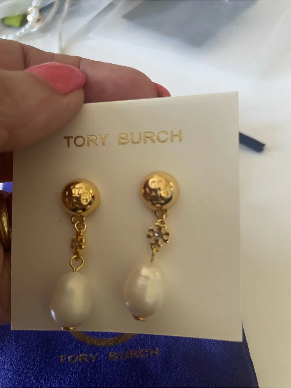 Tory Burch Gold and White Pearl Drop Earrings